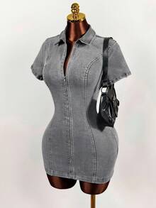 Mistrie Women's Denim Dress With High Slit - Light Grey - View 4