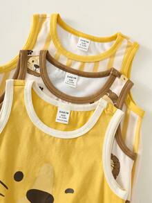 SHEIN Bộ áo liền quần 3 món in hình sư tử dễ thương cho bé sơ sinh, kiểu dáng thường ngày, không tay, thích hợp mặc trong nhà hoặc mùa hè. - Màu vàng - Xem 4