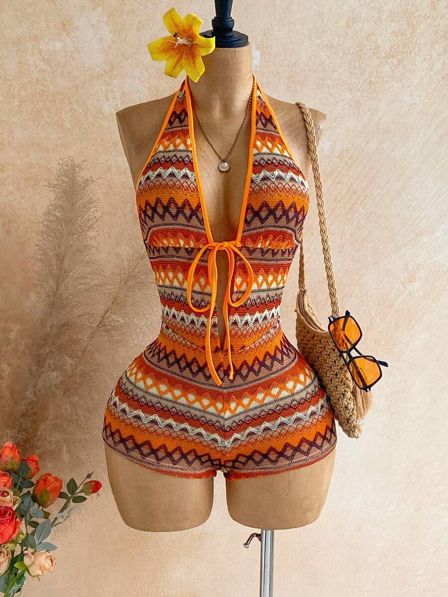 Soleia Bộ áo liền quần buộc dây phía trước kẻ sọc hai màu mới, phong cách Bohemian, Boho, lãng mạn với họa tiết hoa, thích hợp cho kỳ nghỉ, tiệc tùng, hẹn hò, ngày Valentine, lễ Phục sinh, lễ hội, tiệc trà chiều, đi biển, du thuyền, kỳ nghỉ thành phố. - Nhiều màu - Xem 1