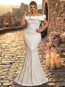 Glamrae Plus Size Elegant Off-Shoulder 3D Floral Luxury Sequins Embellished Fitted Mermaid Hem Dress, Suitable For Evening Party Boda, Date, Prom, Wedding, Bridal Gown (Heavily Embellished) Wedding White Summer - White - View 9