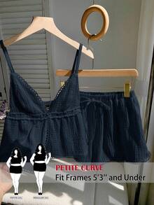 SHEIN PETITE CURVE Conjunto de 2 peças com Regata e Shorts em Cor Sólida, Casual, Plus Size - Azul Marinho - Visão 2
