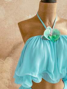 Soleia Women's Vacation Beach Floral Decor Backless Halter Top And Skirt 2 Pieces Set - Mint Green - View 5