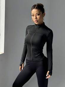 SHEIN With My Calm 修身弹力拉链运动夹克，适合健身、跑步和休闲生活 - 黑色 - 查看 5