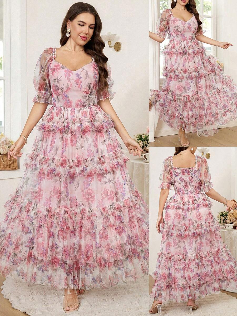 Reflora 大码女式碎花图案甜心领花瓣袖优雅连衣裙 - 粉色 - 查看 1