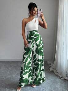 SHEIN Elenzya Women's Oblique Shoulder Patchwork Print Straight Leg Jumpsuit - Mint Green - View 6
