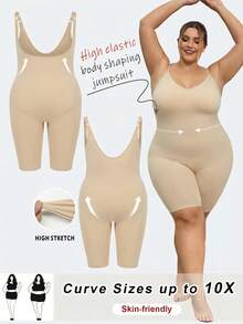 SHEIN CURVE+ Bộ áo liền quần định hình dáng người thoải mái, màu mơ, dành cho nữ cỡ lớn, độ co giãn cao, thiết kế ôm sát. - Màu be - Xem 8