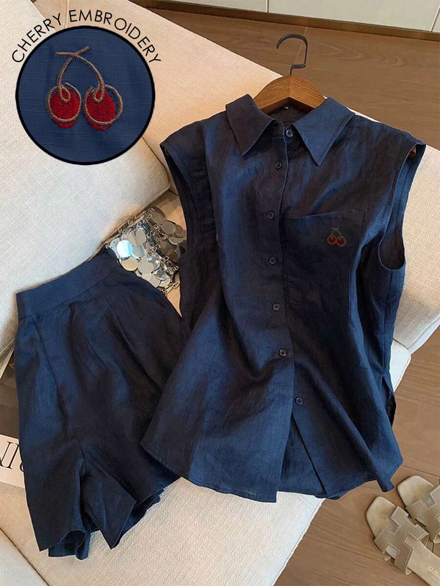 Airaco 女士休闲日常通勤简约樱桃刺绣无袖衬衫和短裤两件套，夏季 - 寶藍色 - 查看 1