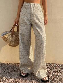 Quần jeans nữ chất liệu cotton, in họa tiết toàn thân, thích hợp cho trang phục đi nghỉ mát mùa xuân và hè. - Màu Khaki - Xem 4
