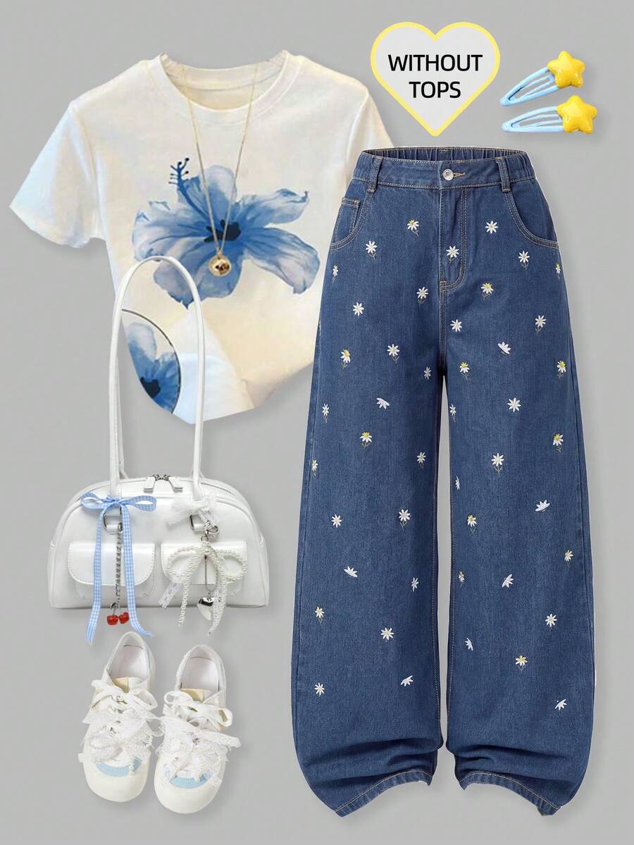 Sparklyn Tween Girl Casual Distressed Embroidered Straight Leg Jeans Teen Jeans Daisy Jeans Distressed Little Daisies Embroidered Wide Leg Jeans Strawberry Flower Jeans Girls Aesthetic Denim Skirt Suits Brunch Teens, Y2K Style Summer Vacation Jean Daisy Cottagecore Bohemian Fall Winter Autumn Summer Vintage Old Money Cowgirl Daisy Jeans Jeans Wide Leg Embroidered Jeans Loose Jeans - Light Wash - View 1