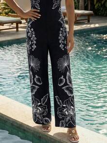 CAJUNI Women's Floral Print Backless Wide Leg Jumpsuit, Vacation Wear, Women Vacation - Black - View 4