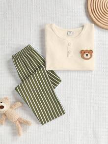 Young BoyCute Bear Pattern Embroidered Collar Open Front Loungewear Set Sleeping Military Green Summer Cute - Apricot - View 3