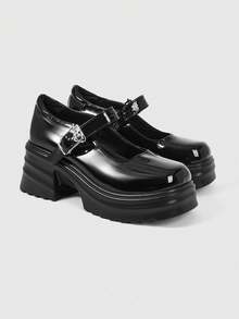 ROMWE Goth Sandálias Mary Jane de plataforma em Preto para mulheres, com decoração de caveira, salto alto retrô, nova coleção primavera 2026 estilo inglês. - Preto - Ver 1