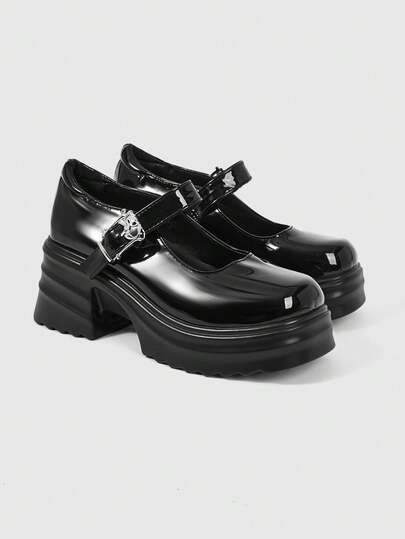 ROMWE Goth Women's Black Leather Mary Jane Platform Sandals, Skull Head Decor, Retro High Heels, 2026 New Spring English Style