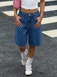 Teen Girl Loose Fit Bermuda Denim Shorts With Pockets - Dark Wash - View 4