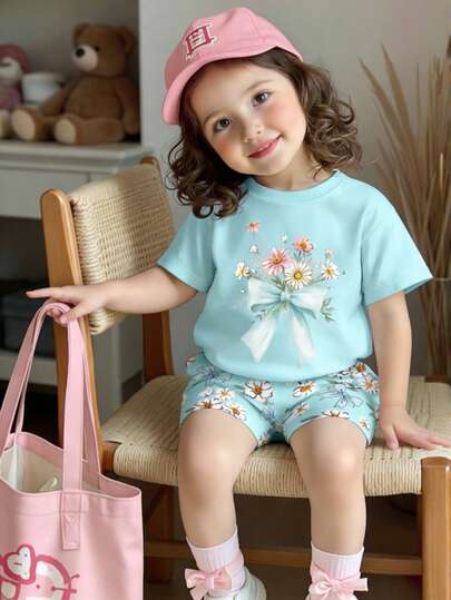 SHEIN 两件套女婴休闲碎花上衣和蝴蝶结装饰碎花短裤套装，时尚日常穿搭