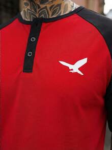 Artur Kramer Summer New Men Short Sleeve T-Shirt, Off-Shoulder Henley Collar, Eagle Print Pattern, Comfortable Versatile Casual Outdoor Sports Undershirt - Red - View 3