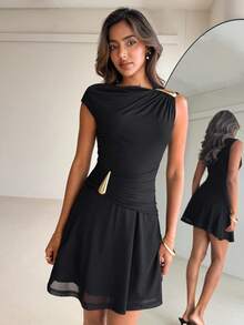 Aloruh Women's Casual Black Metal Buckle Mini Dress - Black - View 1