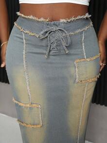 Slaydiva Plus Size Distressed Vintage Denim Mini Skirt - Blue - View 4