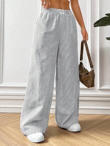 SHEIN PETITE CURVE 大码女式条纹休闲百搭阔腿裤，适合日常穿着 - 灰色 - 查看 3