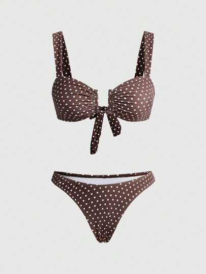ROMWE Avant 新款性感时尚低领波点印花两件式比基尼套装，女士沙滩/泳装度假夏季