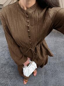 Solavon Women's Casual Solid Color Textured Long Sleeve Top And Skirt 2 Pieces Set,Unlined Sleeves, Autumn Modest Two Piece Linen Sets - Brown - View 7