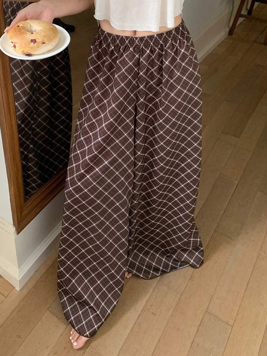 DAZY Women's Plaid Wide Leg Pajama Pants - Coffee Brown - View 1