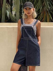 DAZY 女士纯棉休闲水洗牛仔背带裤/连体裤，春夏款 - 深色水洗藍 - 查看 6