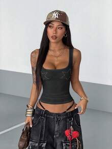 SHEIN HypeZone Áo tank top không tay cổ vuông ôm sát dành cho nữ, đính đá lấp lánh, thích hợp cho mùa hè. - màu đen - Xem 5