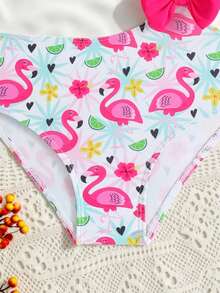 Girls' Cute Tropical Floral & Flamingo Print One-Piece Swimsuit With Bow Decor, Summer Beach Holiday - Pink - View 3
