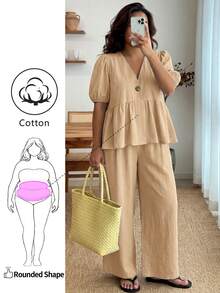 Enliva Plus-Size Women's Ruffled Puff Sleeve Two Pieces Set, V-Neck Cardigan Top And Stretch Waist Trousers Set - Khaki - View 1