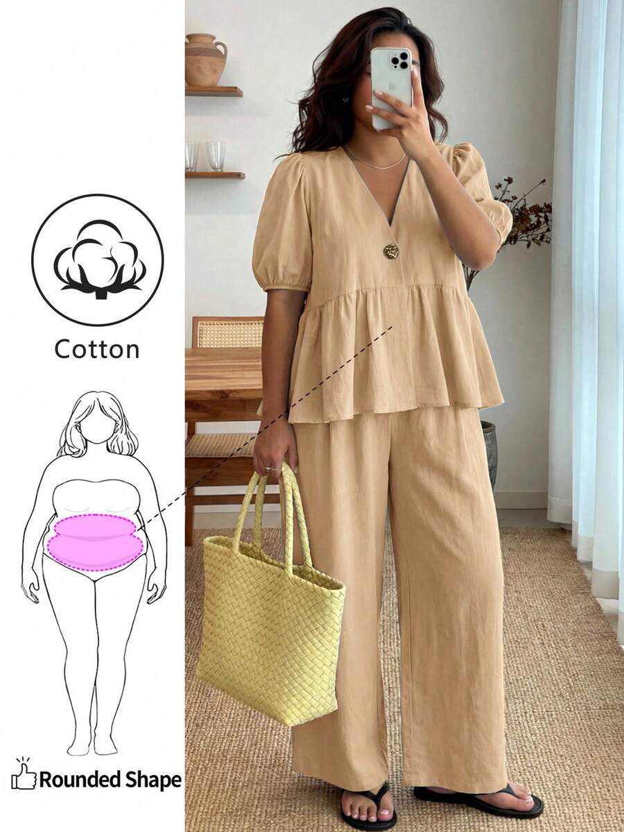 Enliva Plus-Size Women's Ruffled Puff Sleeve Two Pieces Set, V-Neck Cardigan Top And Stretch Waist Trousers Set - Khaki - View 1