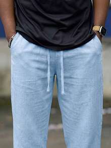 Heavens Edit Men's Linen Pants, Lightweight Drawstring Beach Breathable Trousers, Elastic Waist Linen Rope Men's Pants, Suitable For Men's Vacation, Summer Casual Leisure, Commuting, Loose Street Style Clothing - Baby Blue - View 3