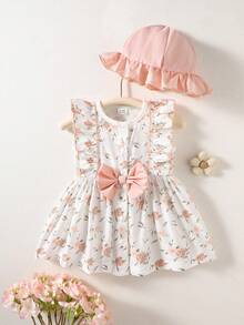SHEIN Summer Newborn Baby Girl Apricot Round Neck Ruffle Cartoon Cherry Print Sleeveless Red Bow Dress With Red Hat Elegant And Cute Baby Girl Clothes Newborn Baby Girl Dress Baby Girl Floral Dress Baby Girl Outfit Photoshoot Outfit For Baby - Apricot - View 2