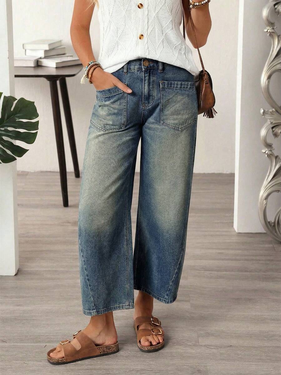EMERY ROSE Jeans acampanados de lavado casual de talla grande - Azul - Ver 1