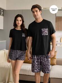 CoupledUp 男士极简圆领口袋豹纹睡衣套装 - 黑色 - 查看 1