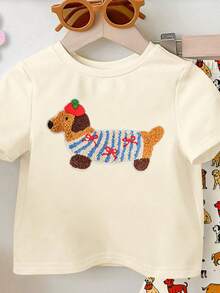 SHEIN Playful Pals 一套女童休闲时尚可爱小狗印花短袖T恤和碎花喇叭裤套装，适合春夏穿着，可作校服，可爱夏季女童服装，韩版风格，夏季套装，女童夏季服装 - 彩色 - 查看 7