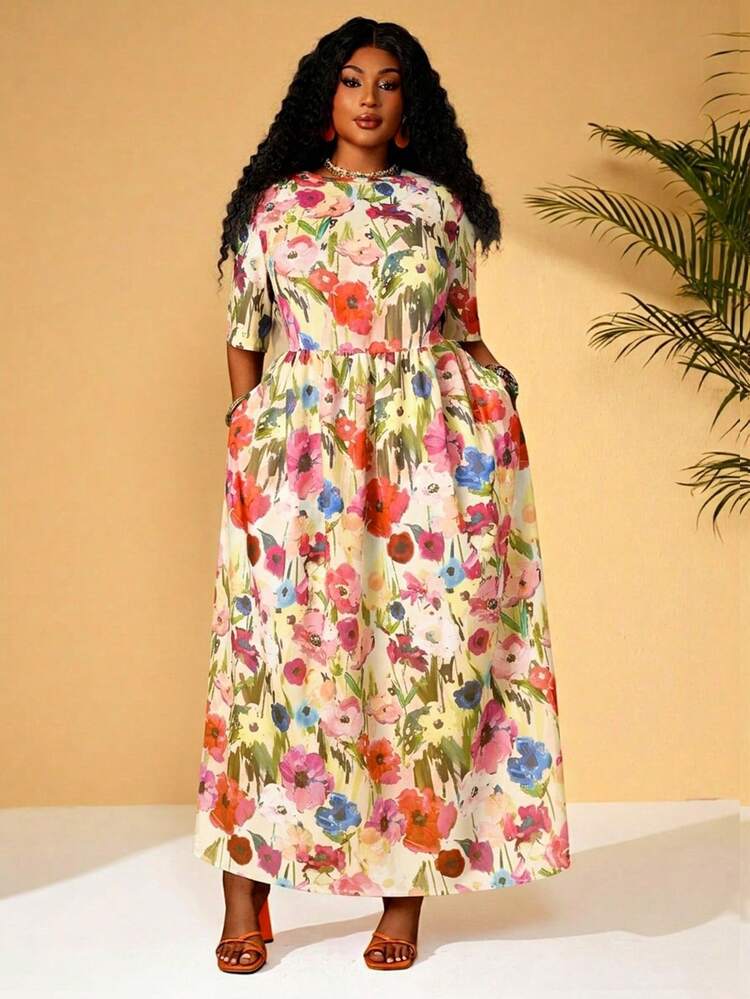 Plus Size Round Neck Short Sleeve Summer Dress With Pockets & Floral Print