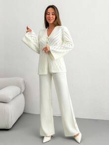 EURMUSE Casual V Neck Hollow Out Button Down Front Slit Cardigan & Wide Leg Solid Color High Waist Plain Pattern 2 Pieces Knit Set For Fall Winter - Apricot - View 4