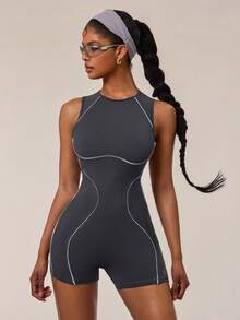 Normani Mono ajustado sin mangas con ribete de contraste para mujer - Gris - Ver 2