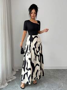 Elenzga Women's V-Neck Waist Cinched A-Line Dress With Abstract Black & White Pattern And Metal Buckle Decor, Elegant For Daily, Vacation, Retro French Style, Commute, Valentine's Day Date, Street Style, Party, Early Spring/Spring Summer - Multicolor - View 5