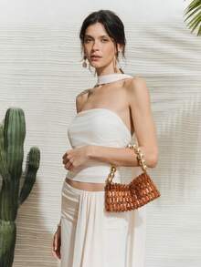 SHECARRY Bolsos de mano para damas, bolsos con cuentas exquisitos para fiestas y vacaciones - Café - Ver 8