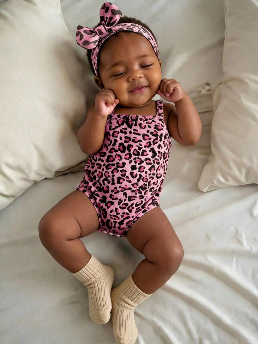 1pc Newborn Baby Girl Casual Fashionable Minimalist Classic Leopard Print Romper, Soft & Comfortable Daily Wear Sleeveless Bodysuit, Summer Outfit - Multicolor - View 1