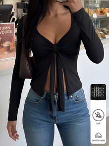 FavEase Women's V-Neck Ruched Tie Front Long Sleeve Casual Soft T-Shirt Fall Cloth For Women - Black - View 1