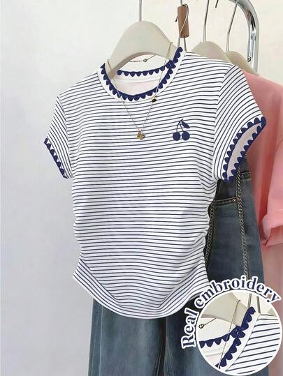 Resyla Recommended Hot-Selling New Style, Korean-Style Gentle Style Contrasting Striped Short-Sleeved Top For Women, Perfect For Daily Commuting And Dating, Sweet And Versatile, Summer