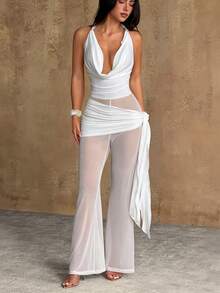 Bluhae Bộ jumpsuit cổ chữ V sâu, quần ống loe cạp cao, kiểu dáng gợi cảm, thanh lịch, tôn dáng. - trắng - Xem 4