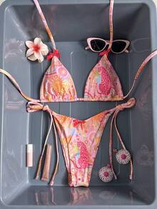 Swim Vcay 女士夏季度假豹纹和阳光印花挂脖三角比基尼套装，豹纹泳装系带比基尼，彩色泳装，粉色比基尼套装，两件套泳衣，Zestiva泳装，斑马纹泳衣，拉链上衣，日常休闲春夏之选，度假邮轮旅行海滩日光浴 - 彩色 - 查看 2