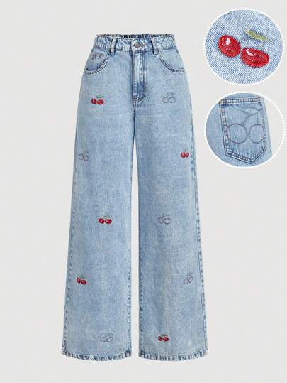 Sweetra 樱桃刺绣宽松女式牛仔裤