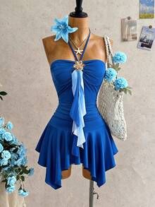 GlowEve 女士藏蓝色收腰不规则下摆连衣裙，饰以金色花卉图案，魅力优雅甜美可爱，适合日常、度假、通勤、约会等场合，展现法式街头复古风，百搭春夏新款蓝色无袖短裙 - 藍色 - 查看 1