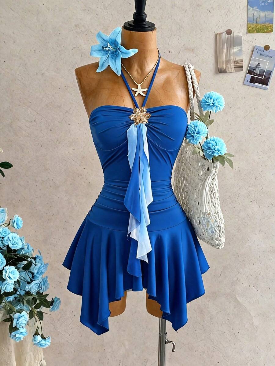 GlowEve 女士藏蓝色收腰不规则下摆连衣裙，饰以金色花卉图案，魅力优雅甜美可爱，适合日常、度假、通勤、约会等场合，展现法式街头复古风，百搭春夏新款蓝色无袖短裙 - 藍色 - 查看 1