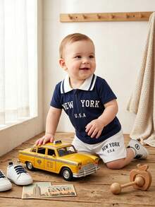2pcs Baby Boy Navy Blue Summer Casual Vacation Independence Day Set,New York Polo Shirt Half Zip Short Sleeve Top&Elastic Waist Printed Shorts Outfit - Blue - View 8